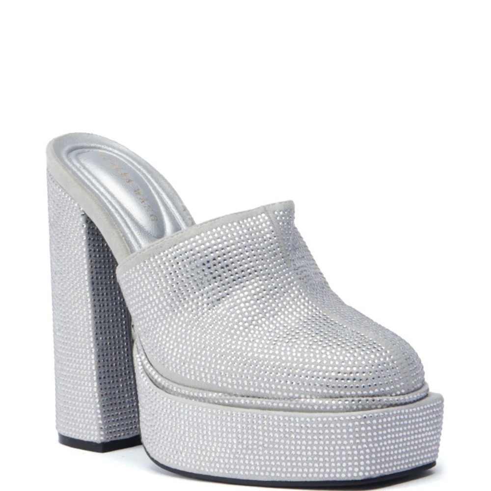 AZALEA WANG Rhinestone Silver High Heel Clog Mules - Picture 3 of 4